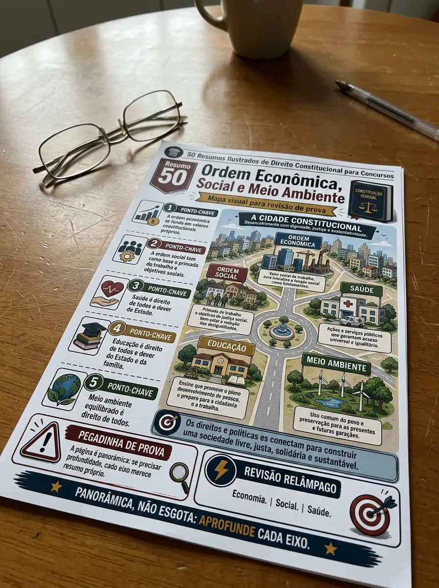 Material impresso de Direito Constitucional em mesa de estudos