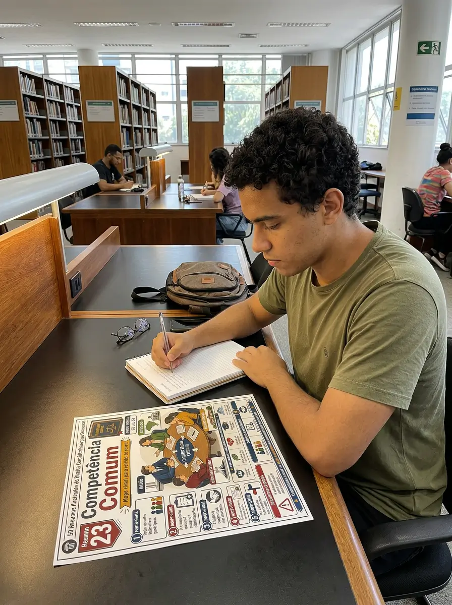 Estudante revisando resumo ilustrado em biblioteca