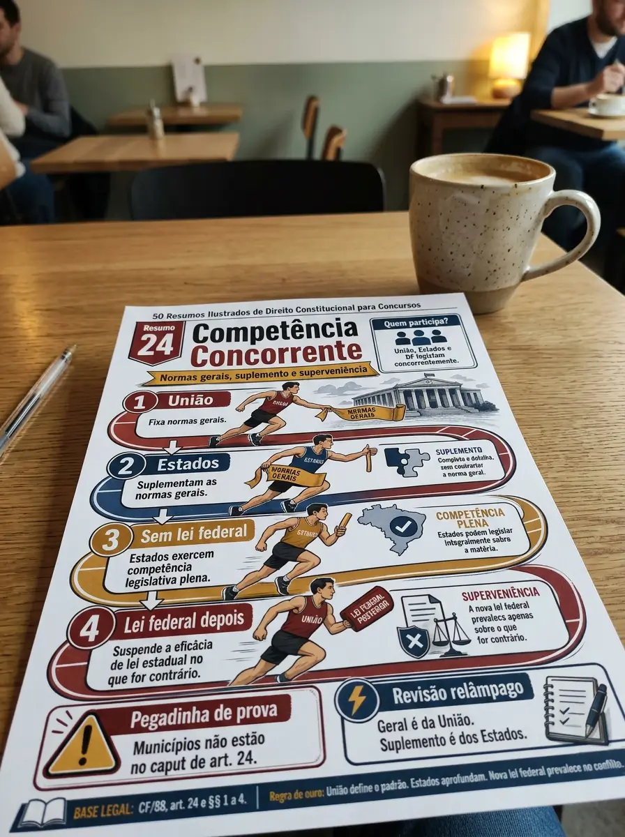 Resumo ilustrado de Direito Constitucional em mesa de estudo