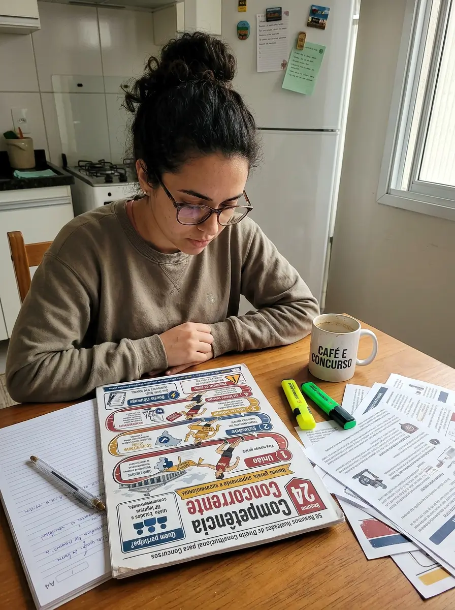 Estudante usando resumo ilustrado com marca-textos